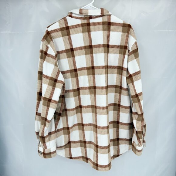Eddie Bauer Women XL Fleece Shacket Shirt Jacket Buttons Brown Plaid Oversized - Picture 2 of 9